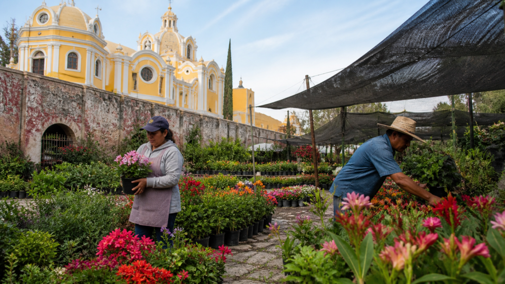 Vivero de Atlixco con flores frente a una calle del centro histórico poblano