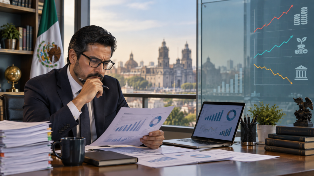 Tablero visual de finanzas públicas mexicanas con gráficas de deuda, inversión y gasto para el presupuesto 2027.