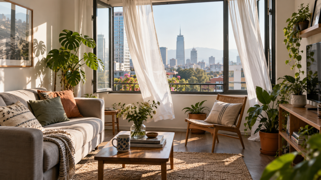 Sala de un departamento de la CDMX con ventanas abiertas, cortinas ligeras y luz natural entrando para renovar el aire.