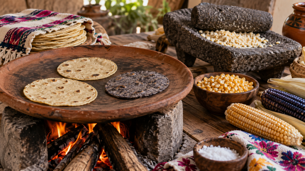 Comal de cocina mexicana con tortillas de maíz recién hechas, mazorcas asadas y masa preparada en una mesa de trabajo.