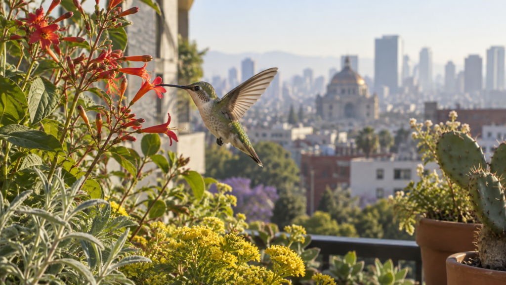 Balcón urbano con plantas de flores tubulares y un colibrí alimentándose en la Ciudad de México.