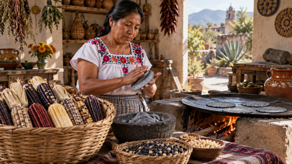 Granos de maíz criollo de varios colores junto a una cocina tradicional mexicana y utensilios de molienda.