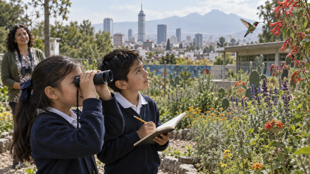 Dos colibríes en vuelo alrededor de flores de un jardín urbano con edificios de la ciudad al fondo.