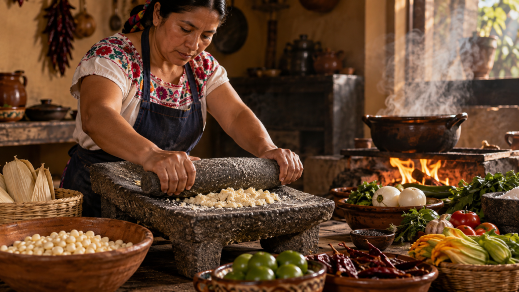 Mesa de cocina mexicana con tortillas, maíz, verduras de temporada, hierbas y leguminosas de productores locales.