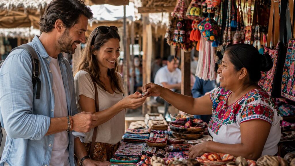 Visitantes compran productos locales a una persona artesana en un destino mexicano