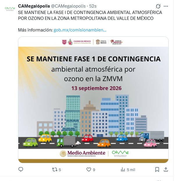Aviso oficial de Fase I de contingencia ambiental por ozono en la ZMVM para el 13 de septiembre de 2026