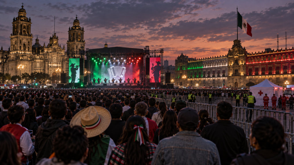 Zócalo de la Ciudad de México iluminado para el Grito de Independencia con público y escenario musical