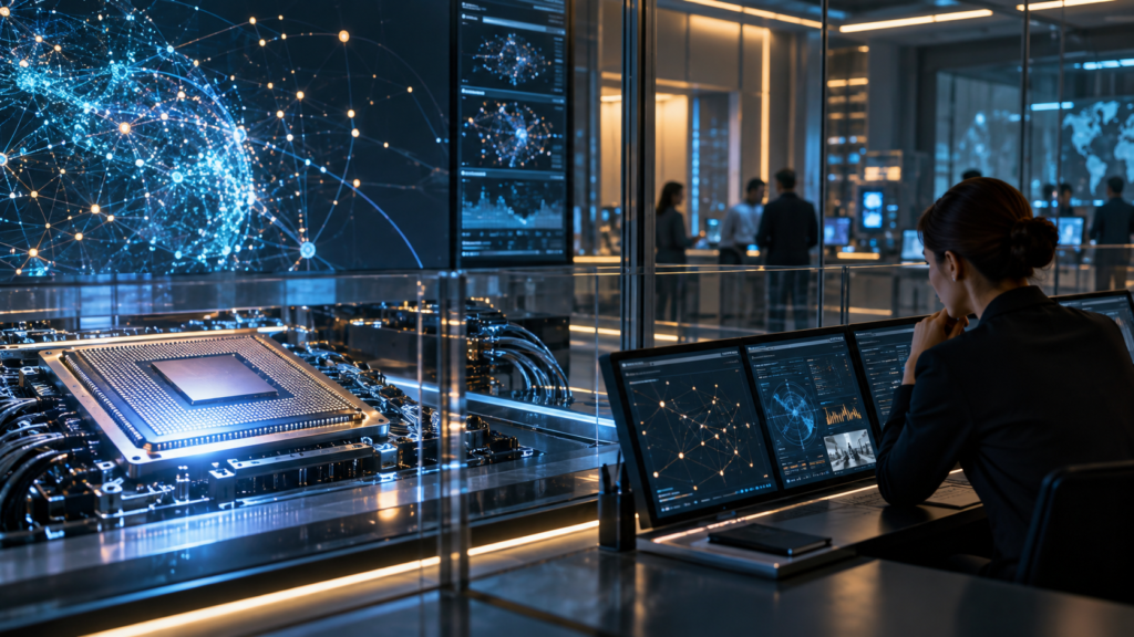 Centro de cómputo con un chip de inteligencia artificial y una analista frente a paneles de supervisión.