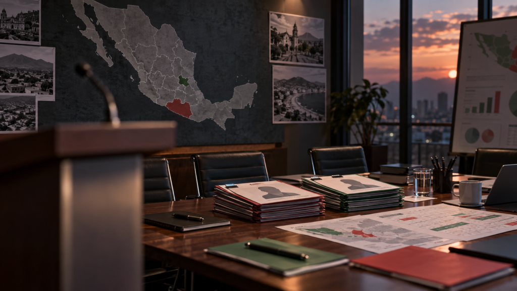 Mapa de México con Tlaxcala y Guerrero destacados y carpetas de perfiles rumbo a 2027