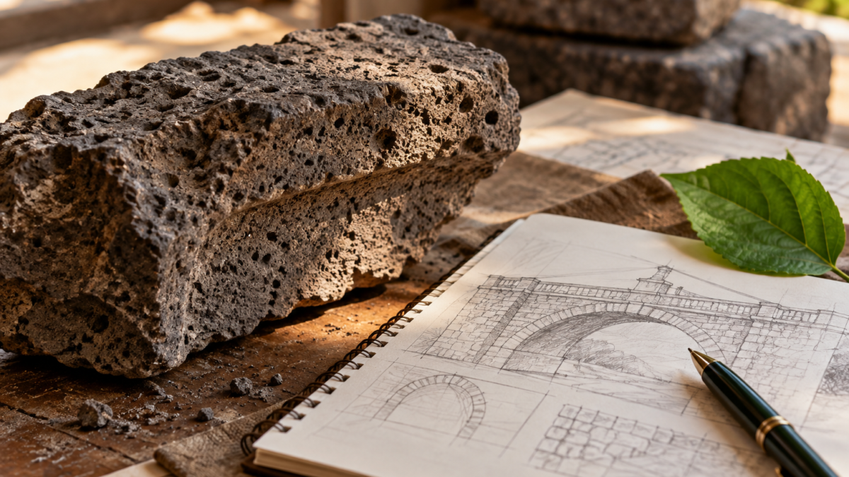 Piedra volcánica y cuaderno de conservación patrimonial; solo ilustrativa.