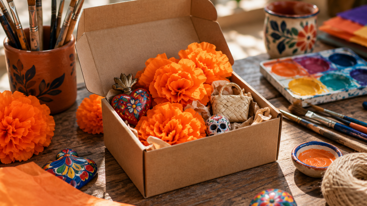 Caja de cartón con flores de papel y materiales creativos; solo ilustrativa.