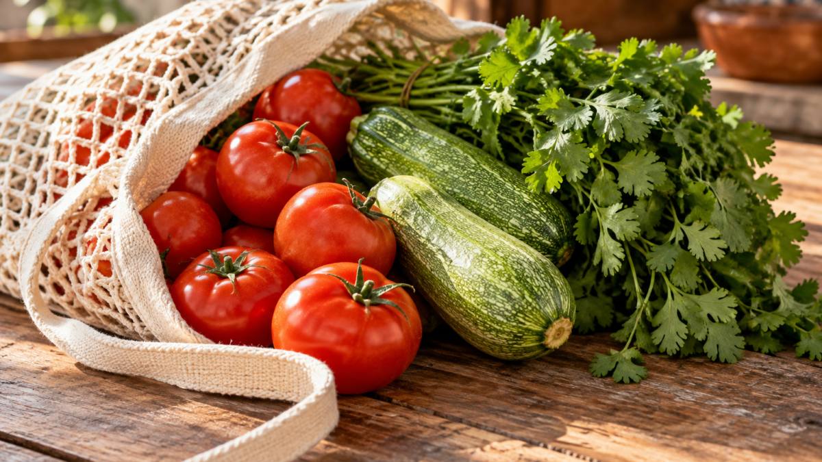 Bolsa reutilizable con verduras para el mandado; solo ilustrativa.