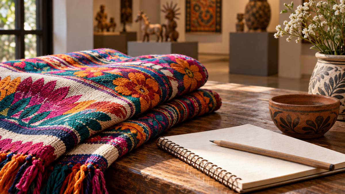 Textil, libreta y cerámica en composición cultural; solo ilustrativa.