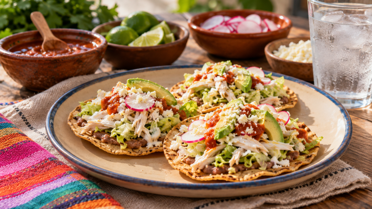 Tostadas mexicanas genéricas y salsa; solo ilustrativa, no corresponde al menú de un puesto.