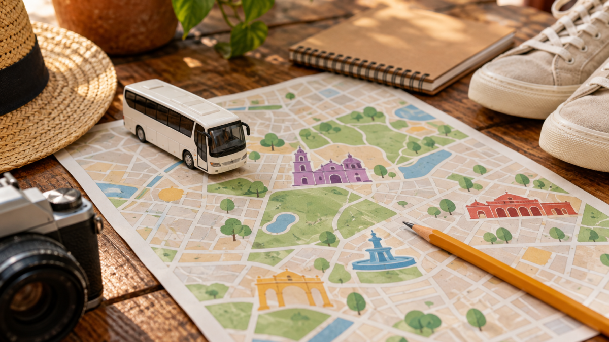 Miniatura de autobús y mapa abstracto de paseo; solo ilustrativa.