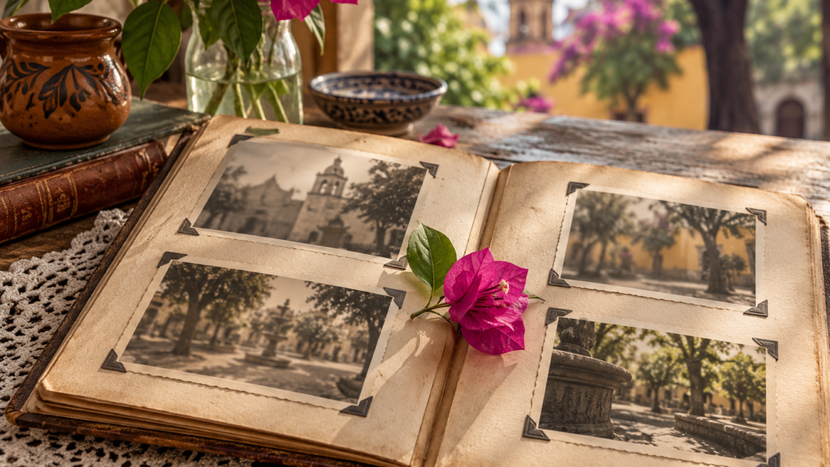 Álbum antiguo y flor como concepto de memoria vecinal; solo ilustrativa.