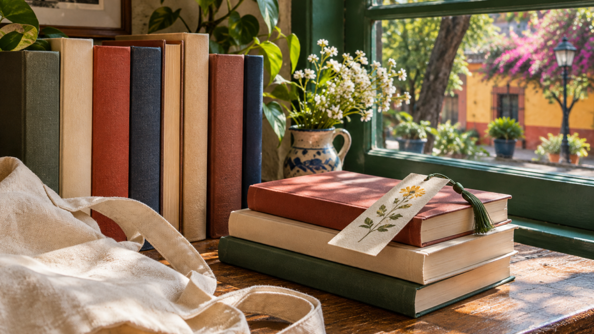 Libros sin títulos legibles y bolsa de tela junto a una ventana; solo ilustrativa.