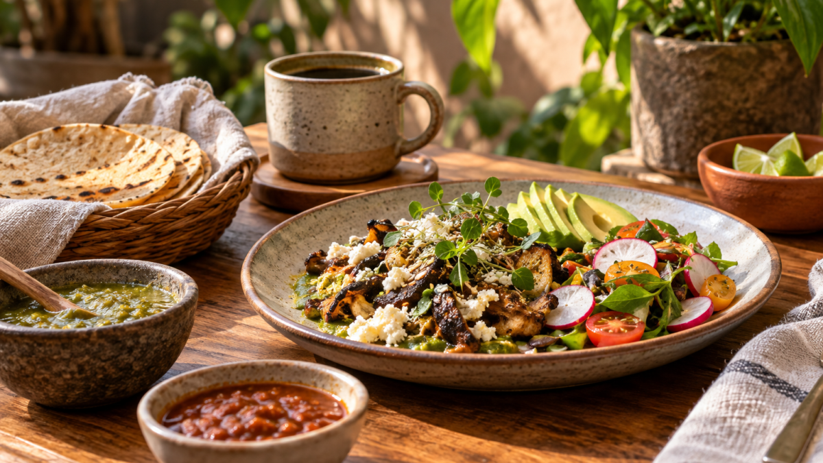Café y plato genérico de cocina mexicana; solo ilustrativa, no muestra un producto del restaurante.