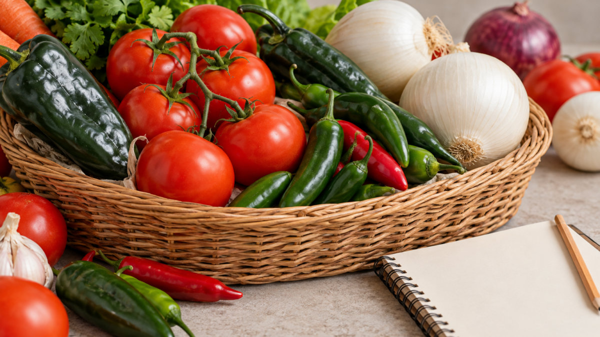 Verduras y libreta del mandado en mesa neutra; solo ilustrativa.
