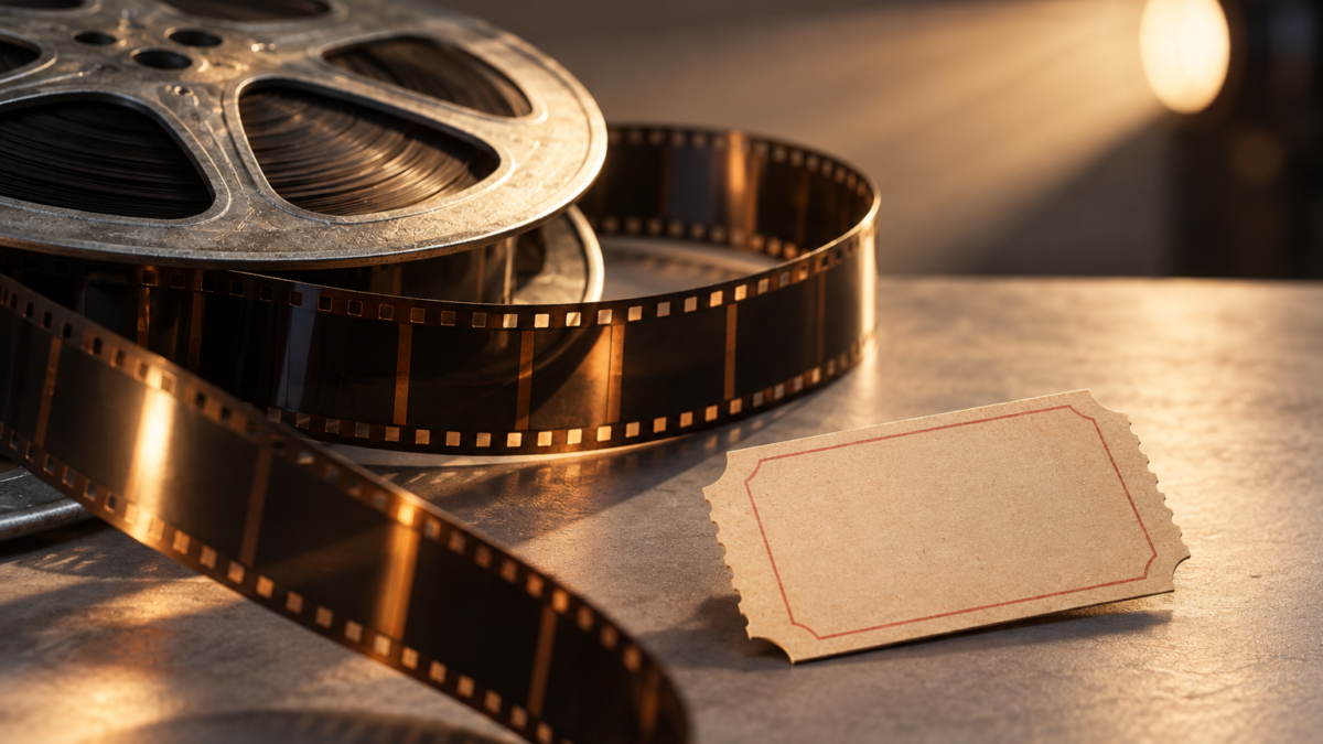 Rollo de película y boleto sin texto sobre mesa; solo ilustrativa.