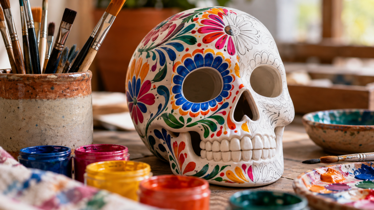 Calaverita de cerámica genérica con pinceles y pinturas; solo ilustrativa.