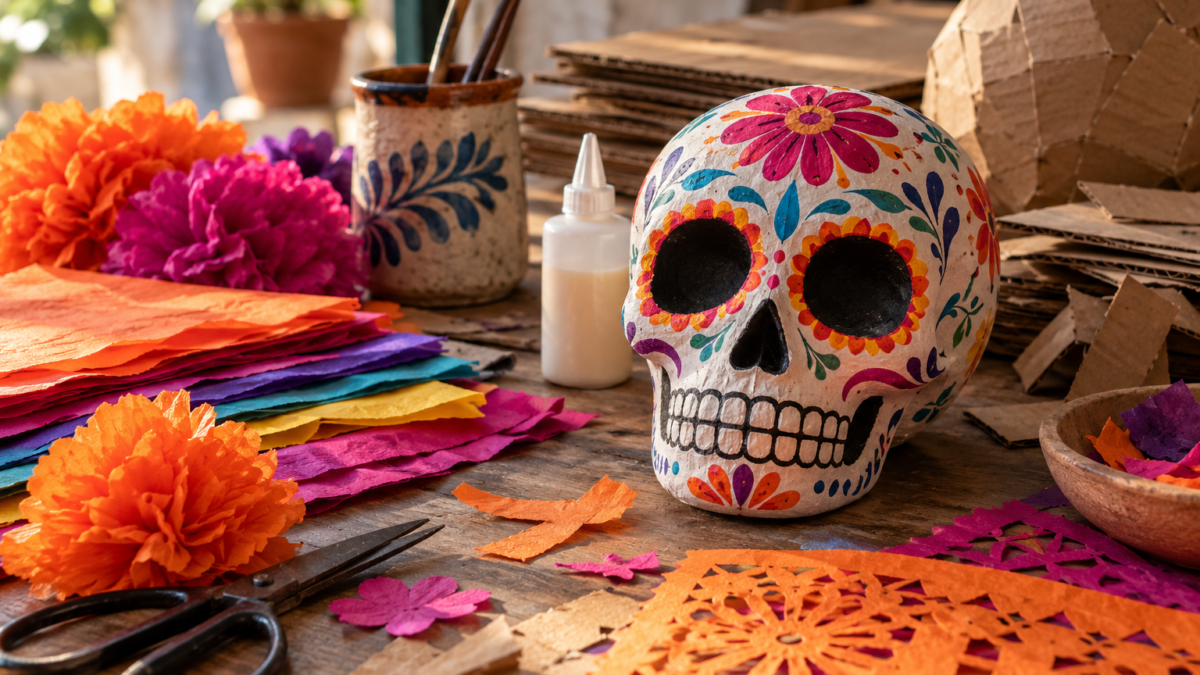 Papel, cartón y figura artesanal genérica de calaca; solo ilustrativa.
