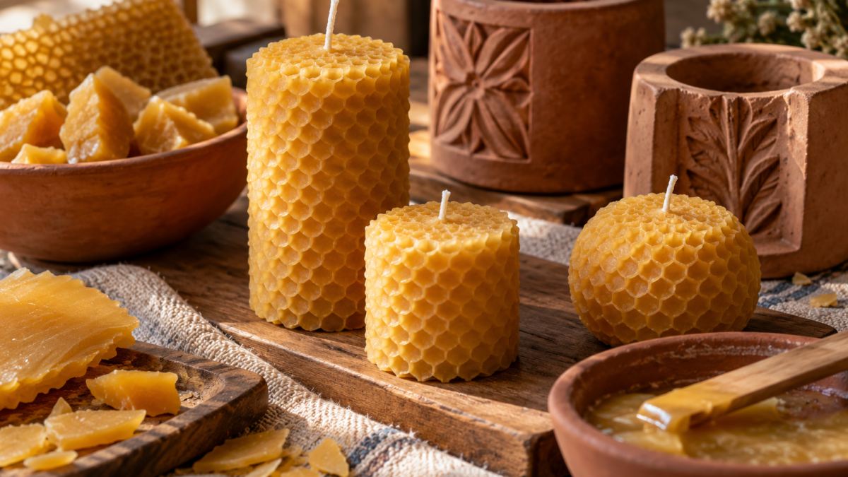 Velas escamadas genéricas y materiales de cera; solo ilustrativa.