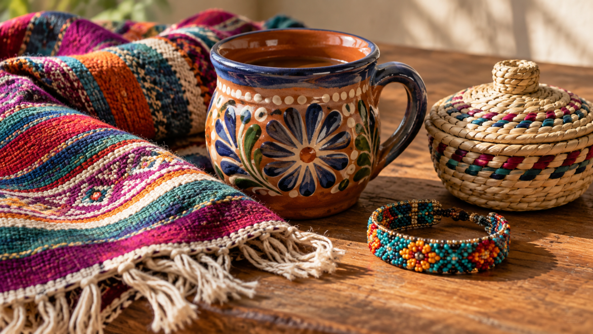 Textil colorido, taza de barro, canasta y pulsera sobre una mesa; imagen ilustrativa