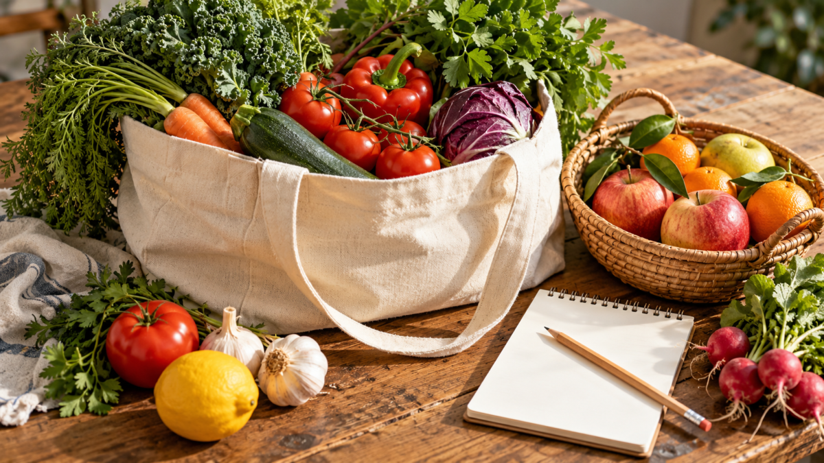 Bolsa reutilizable con verduras, canasta de fruta y libreta de compras; imagen ilustrativa