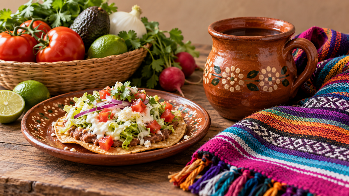 Tostada y verduras junto a una taza de barro y un textil; imagen ilustrativa