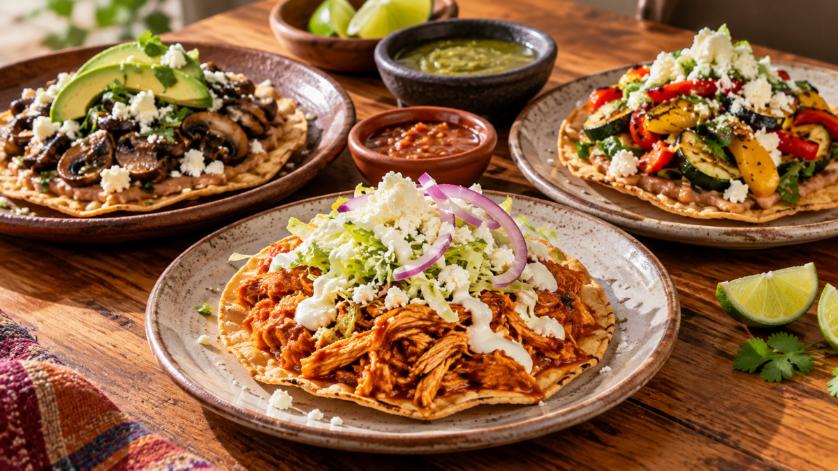 Tostadas de tinga, hongos y verduras sobre una mesa; imagen ilustrativa